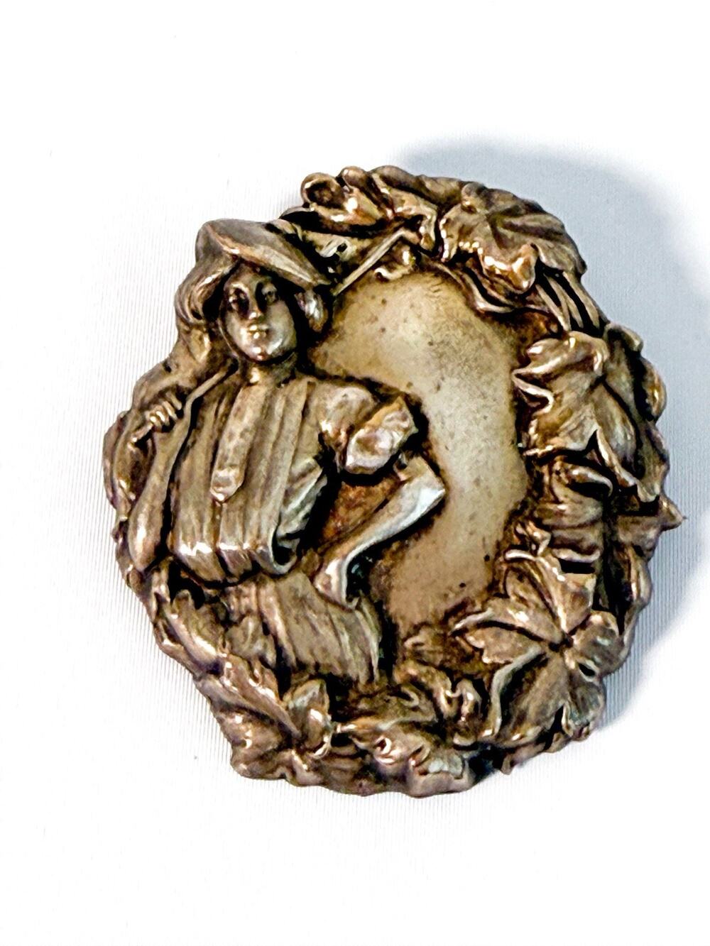 Antique Lady Golfer Relief Brooch Edwardian Victorian Silver Tone Golf Pin 2.5”